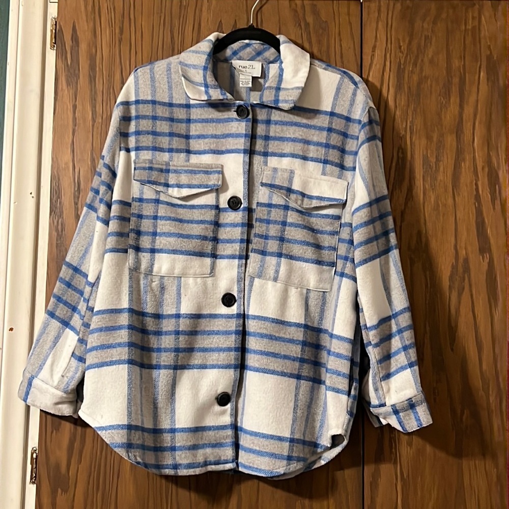 Plaid blue wool shacket